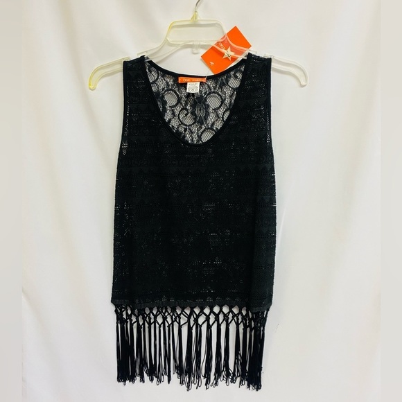 Black Lace Top Size Large with Fringe See Through Not Lined  By One Star - Picture 2 of 9